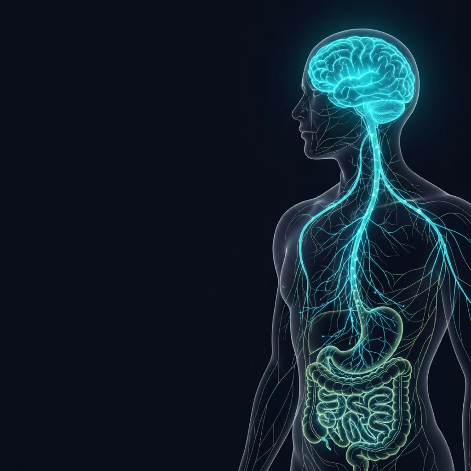 Illustrazione dell'asse intestino-cervello: cervello, nervo vago e intestino connessi